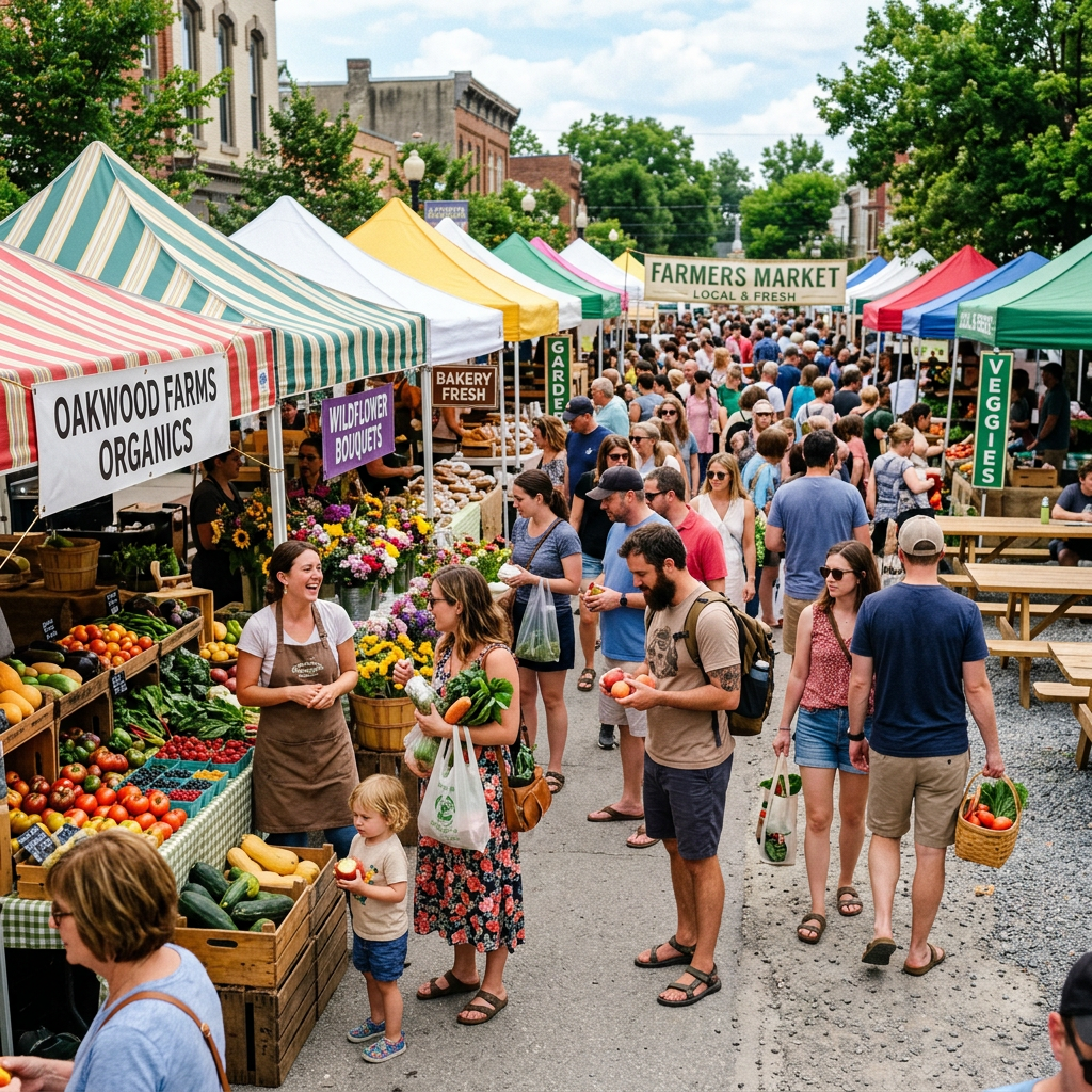 Crowded farmers market with stalls selling organic produce, flowers, and baked goods